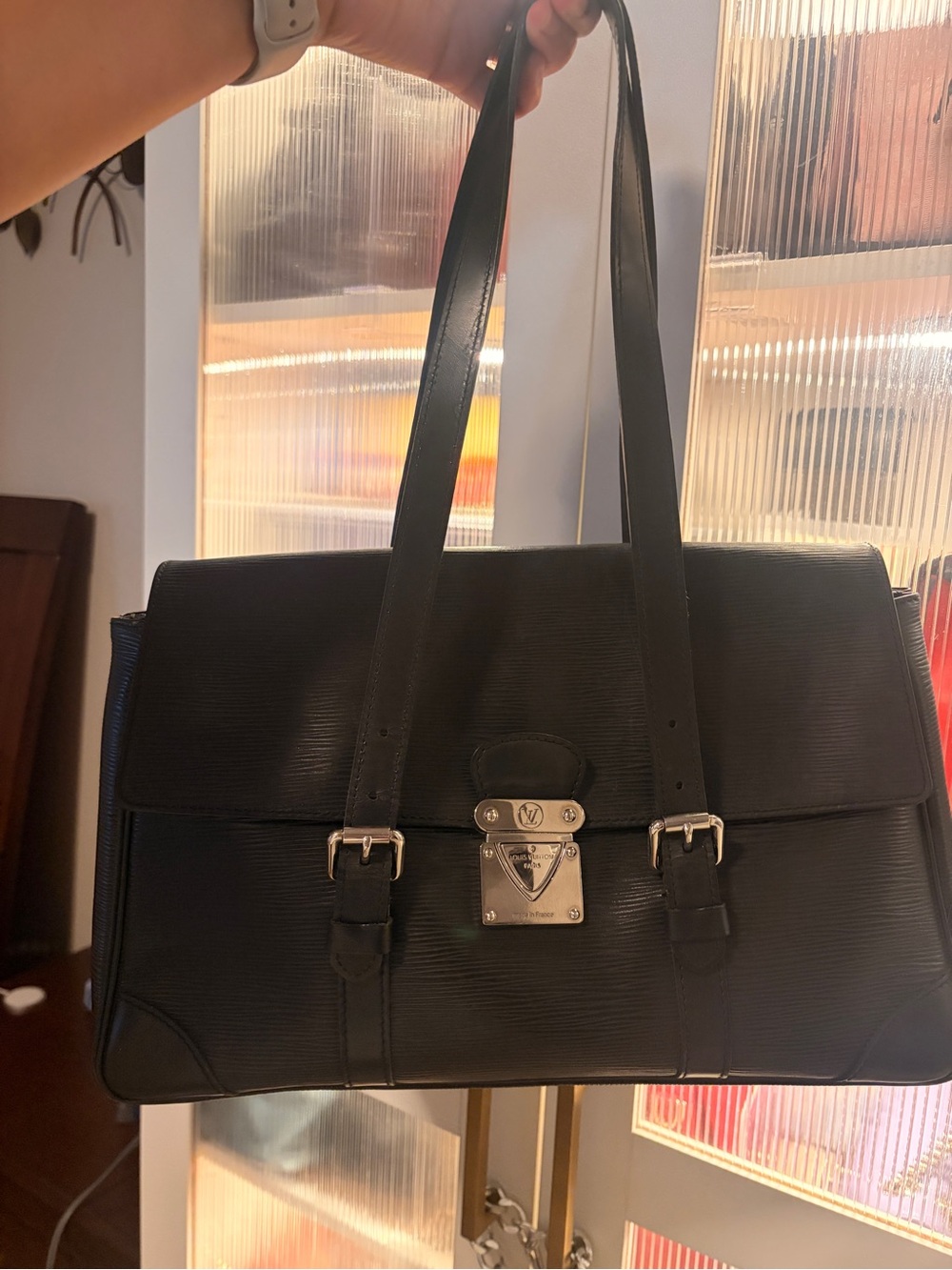 Louis Vuitton Black EPI leather Shoulder Bag with Silver Lock